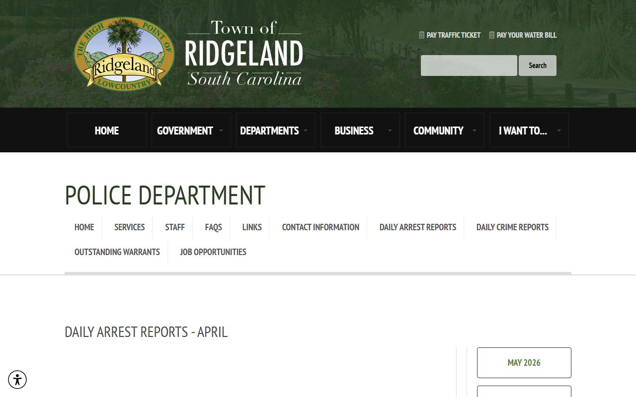 Ridgeland Police Department arrest reports for Jasper County custody lookup