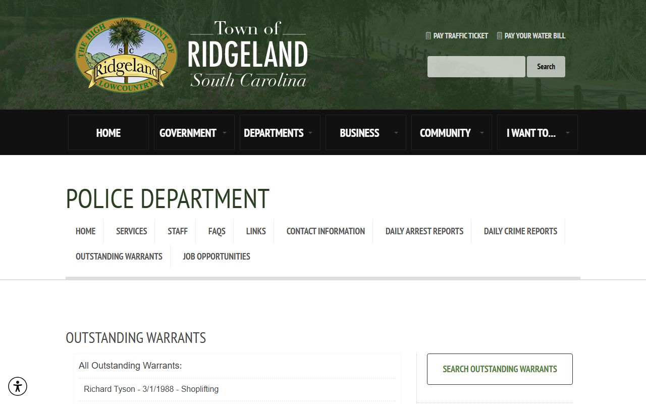 Ridgeland Police Department outstanding warrants for Jasper County arrest records